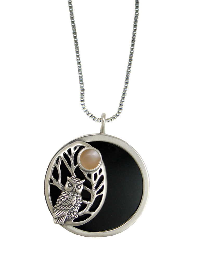 Sterling Silver Black Onyx Disc Wise Owl Pendant Necklace With Peach Moonstone